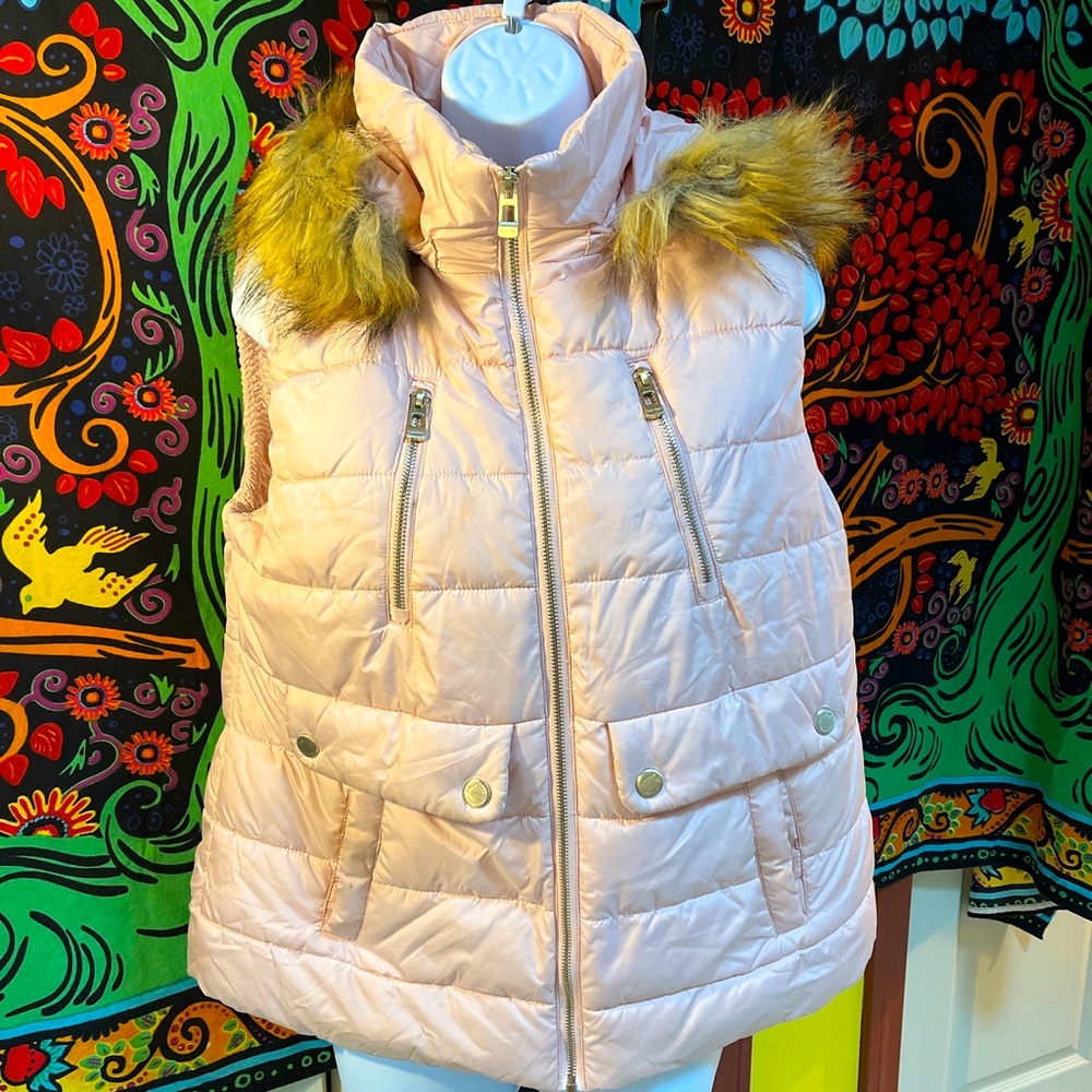 Pink Calvin Klein vest with removable fur hood.